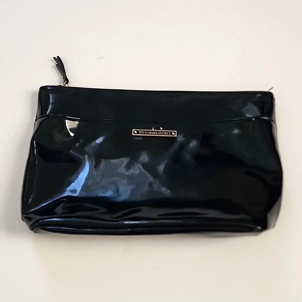 Victoria Secret Black High Glossy Patent Leather Make Up Bag Travel Purse Clutch